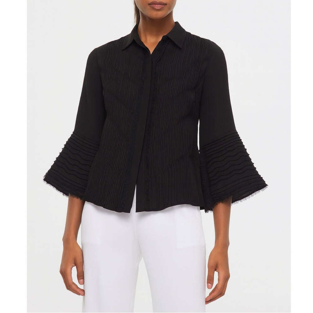 Alexis Pleated Flare Sleeve Lace Trim Collared Button Up Blouse Shirt Black XS
